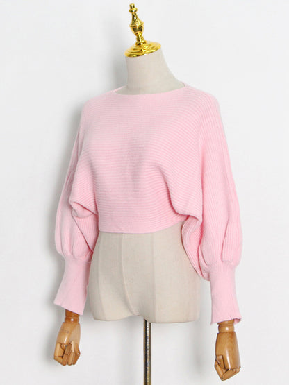 Casual Solid Color Round-Neck Bishop Sleeve Sweater Tops