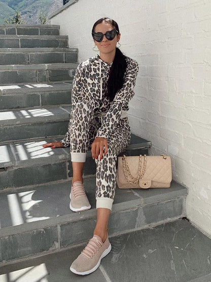 Leopard Drawstring Hoodie&Pants Suits
