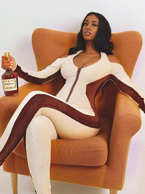 Contract Color Halter Neck Zipper Sports Jumpsuits,