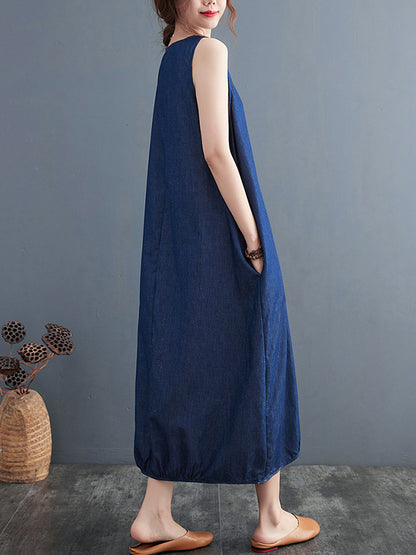 Simple Casual Denim Solid Color Midi Dress