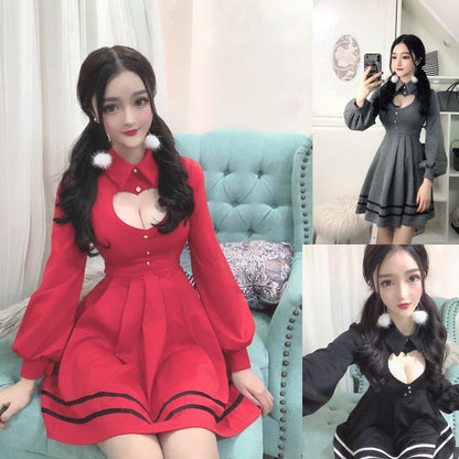 Sexy Long Sleeve Waist Pleated Lapel Dress