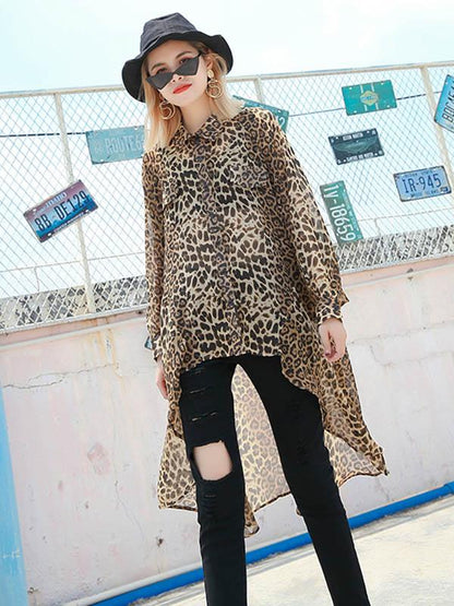 Leopard Chiffon Loose High-low Light Shirt Top