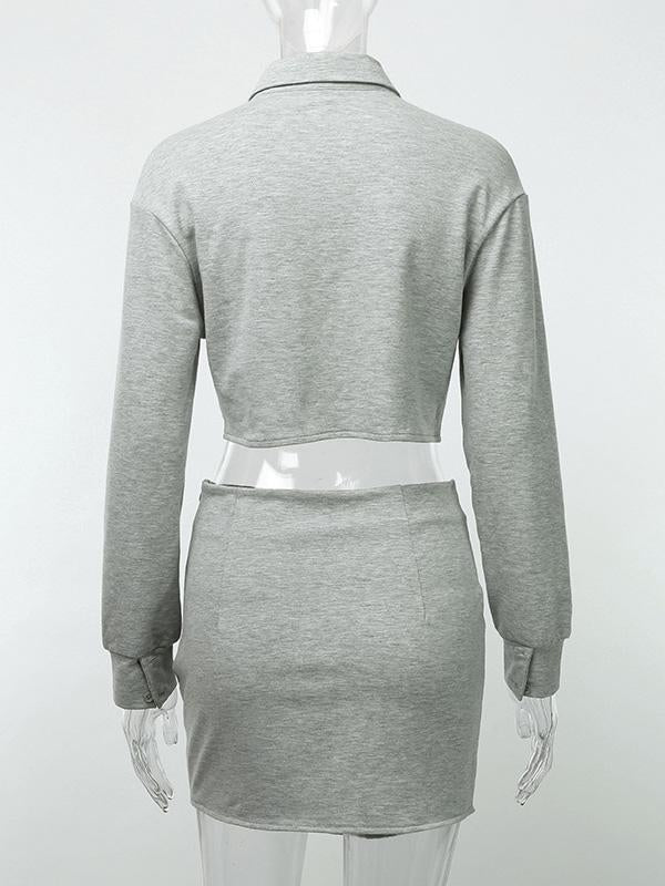 Solid Lapel Sweatshirt&Skirt Sports Suits
