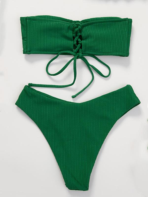 Solid Color Strapless Bandage Split Bikini Swimsuit