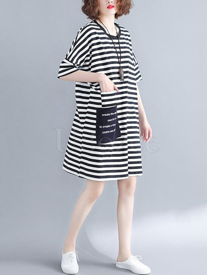 Loose Striped Round-neck Shirt Dress