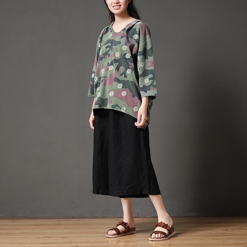 Camouflage Casual Irregular Hem Women Hooded Collar Shirt