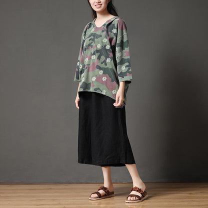 Camouflage Casual Irregular Hem Women Hooded Collar Shirt