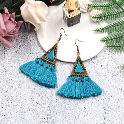 Exaggerated fashion long national wind wool tassel pendant earrings