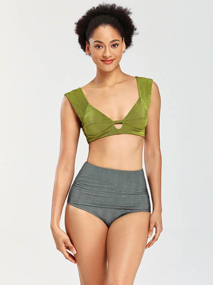 Solid Color Deep V-Neck Split Bikini Swimsuit
