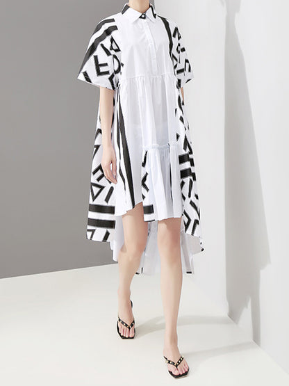 Loose Asymmetric Printed High-Low Lapel Split-Joint Midi Dress