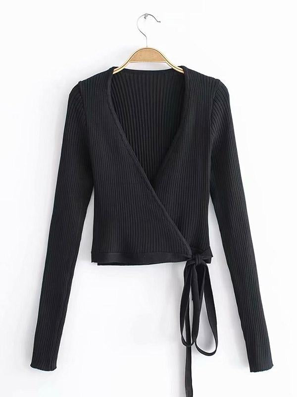 Solid Wrap V-Neck Sweater Tops