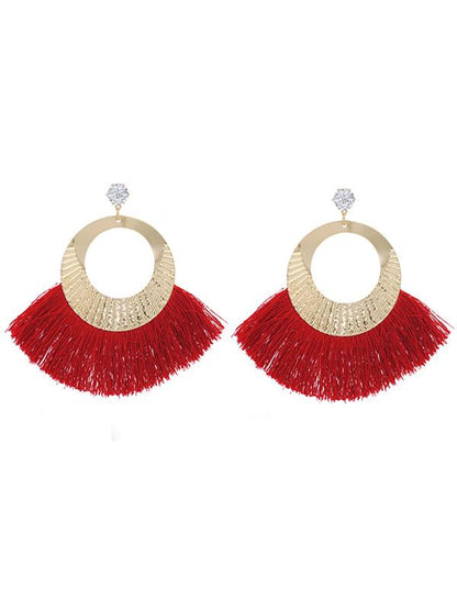Rhinestone Tasseled Metal-ring Big Earrings