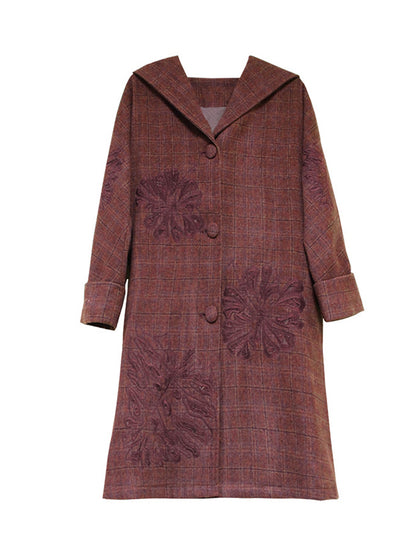 Vintage Thicken Wool Blends Hooded Long Sleeve Plaid Embroidery Coats