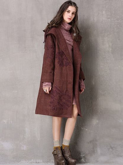 Vintage Thicken Wool Blends Hooded Long Sleeve Plaid Embroidery Coats