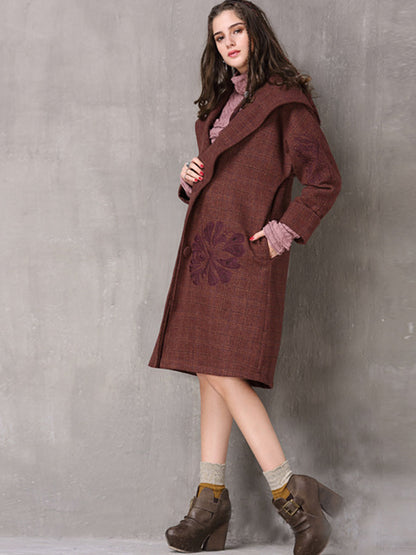 Vintage Thicken Wool Blends Hooded Long Sleeve Plaid Embroidery Coats