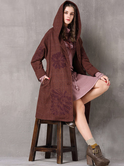 Vintage Thicken Wool Blends Hooded Long Sleeve Plaid Embroidery Coats