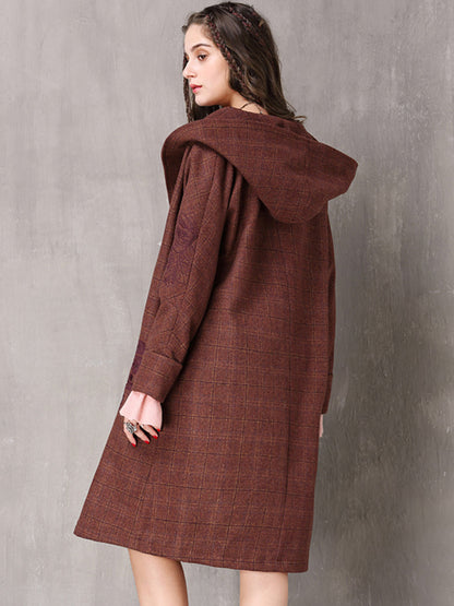 Vintage Thicken Wool Blends Hooded Long Sleeve Plaid Embroidery Coats