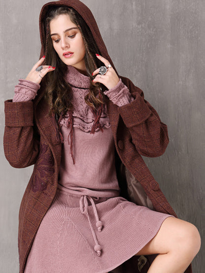 Vintage Thicken Wool Blends Hooded Long Sleeve Plaid Embroidery Coats