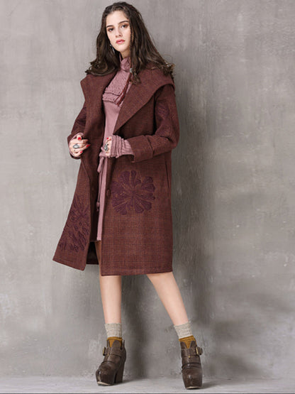 Vintage Thicken Wool Blends Hooded Long Sleeve Plaid Embroidery Coats