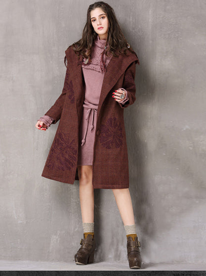 Vintage Thicken Wool Blends Hooded Long Sleeve Plaid Embroidery Coats