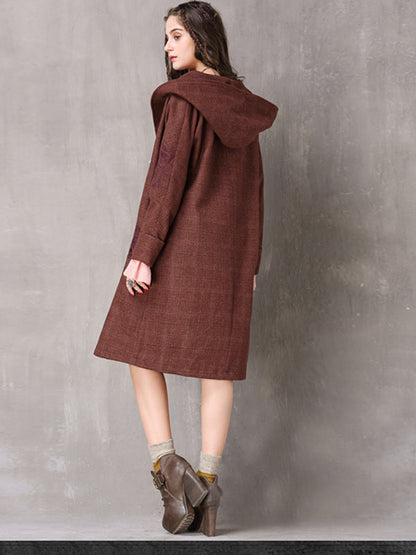Vintage Thicken Wool Blends Hooded Long Sleeve Plaid Embroidery Coats