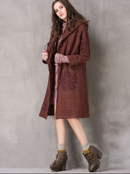 Vintage Thicken Wool Blends Hooded Long Sleeve Plaid Embroidery Coats