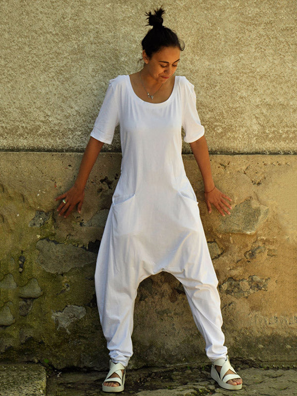 Casual Solid Color Split-Joint With Pocket Round-Neck Half Sleeves Wide Legs Jumpsuit