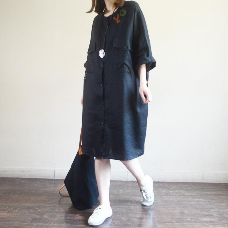 Casual Loose Letter Embroidery Midi Shirt Dress