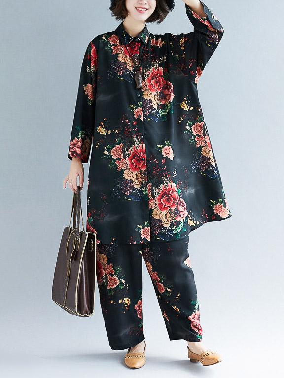 Loose Black Flower Print Lapel Long Sleeves Blouse + Pants Suits