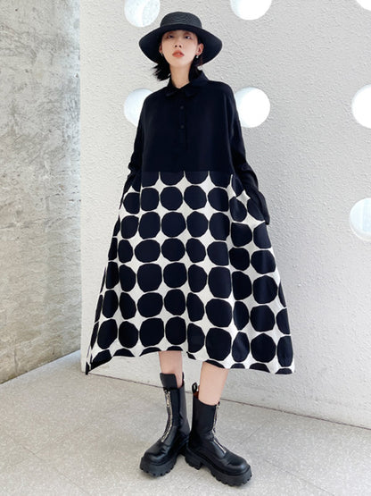 Stylish Irregular Polka-Dot Spit-Joint Buttoned Lapel Collar Long Sleeves A-Line Midi Shirt Dress
