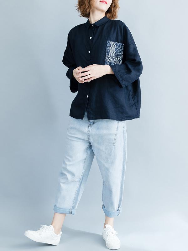 Loose Floral Printed Lapel Long Sleeves BLouses