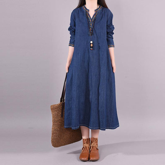 Buykud Solid Color Denim Loose Embroidery V-neck Dress