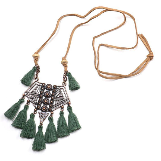Openwork RetroTassel Geometric Pendant Necklace
