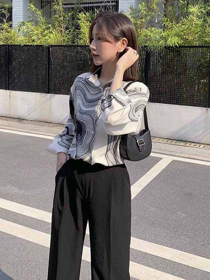 Urban Printed Buttoned Asymmetric Lapel Blouses Tops
