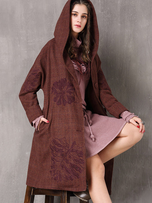 Vintage Thicken Wool Blends Hooded Long Sleeve Plaid Embroidery Coats