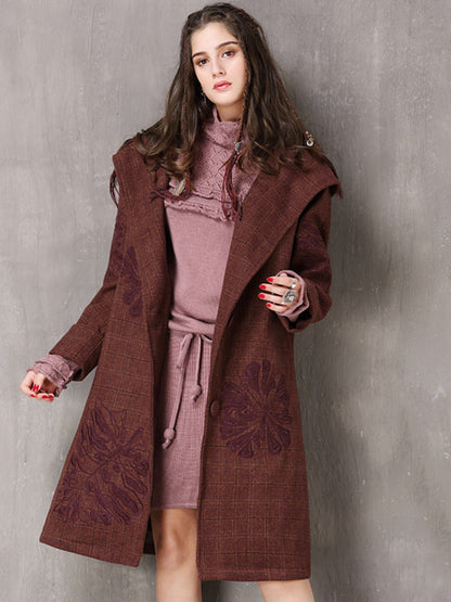 Vintage Thicken Wool Blends Hooded Long Sleeve Plaid Embroidery Coats