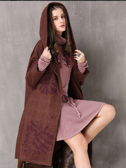 Vintage Thicken Wool Blends Hooded Long Sleeve Plaid Embroidery Coats