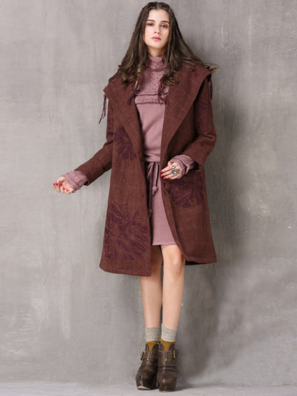 Vintage Thicken Wool Blends Hooded Long Sleeve Plaid Embroidery Coats