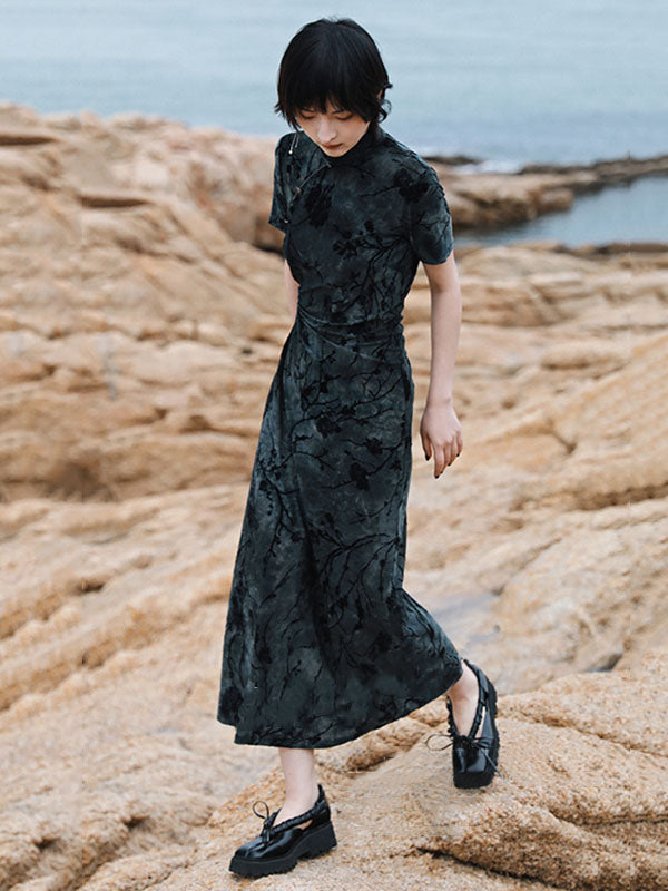 Vintage Tie-Dyed Buttoned Stand Collar Short Sleeves Cheongsam Dress