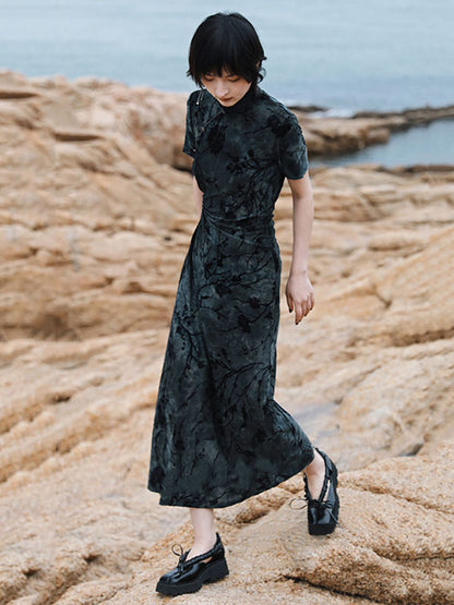 Vintage Tie-Dyed Buttoned Stand Collar Short Sleeves Cheongsam Dress