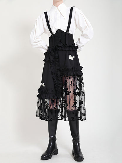 Stylish Mesh Hollow Embroidered Elasticity Split-Joint Strap Skirt