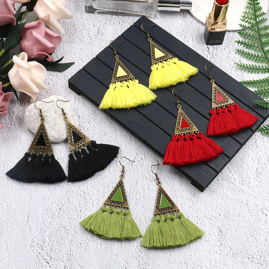 National wool tassel long earrings