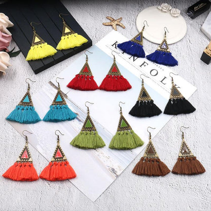 Exaggerated fashion long national wind wool tassel pendant earrings