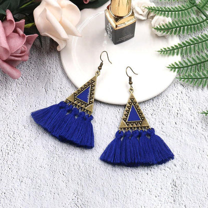Exaggerated fashion long national wind wool tassel pendant earrings