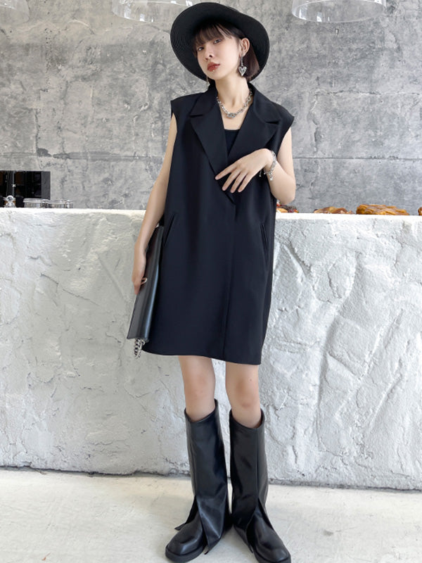 Urban Solid Color Split-Joint Notched Collar Sleeveless Mini Blazer Dress