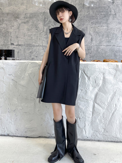 Urban Solid Color Split-Joint Notched Collar Sleeveless Mini Blazer Dress