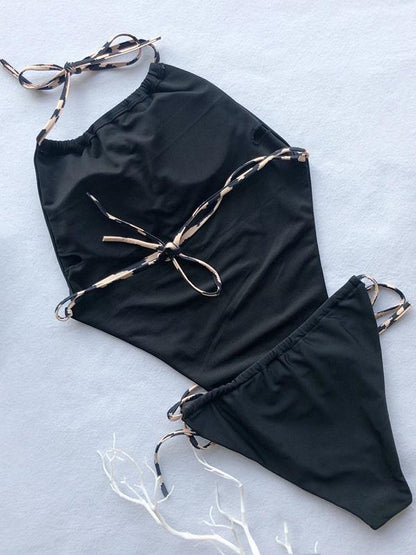 Halter-neck Plain One Piece Swimsuit