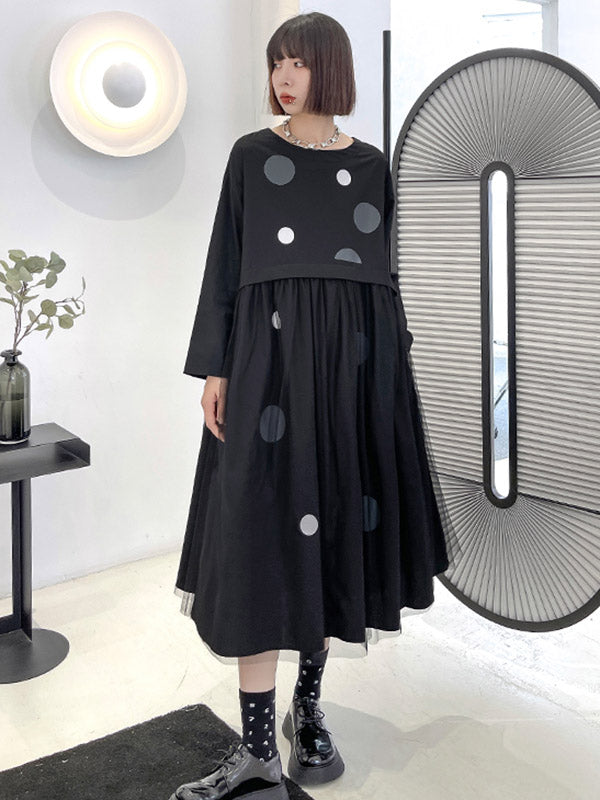 Stylish Split-Joint Pleated Polka-Dot Round-Neck Long Sleeves Midi Dress
