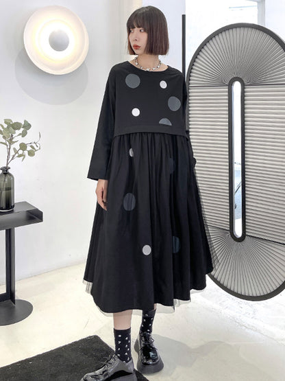 Stylish Split-Joint Pleated Polka-Dot Round-Neck Long Sleeves Midi Dress