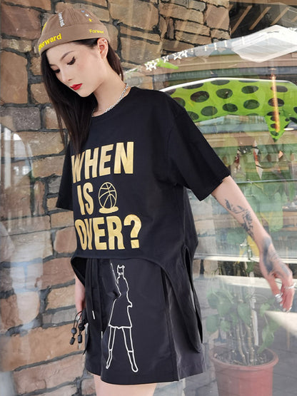 Stylish Letter&Character Print Asymmetric Short T-Shirt